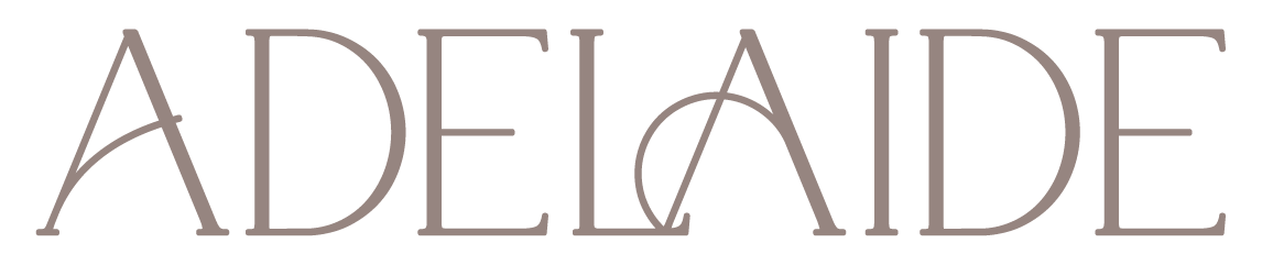 ADELAIDE in large decorative serif font, taupe color (brand text)