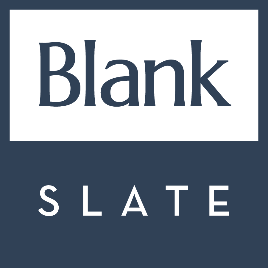 Brand logo for Blank Slate: 'Blank' in a white box on a dark blue background with 'SLATE' spaced below.
