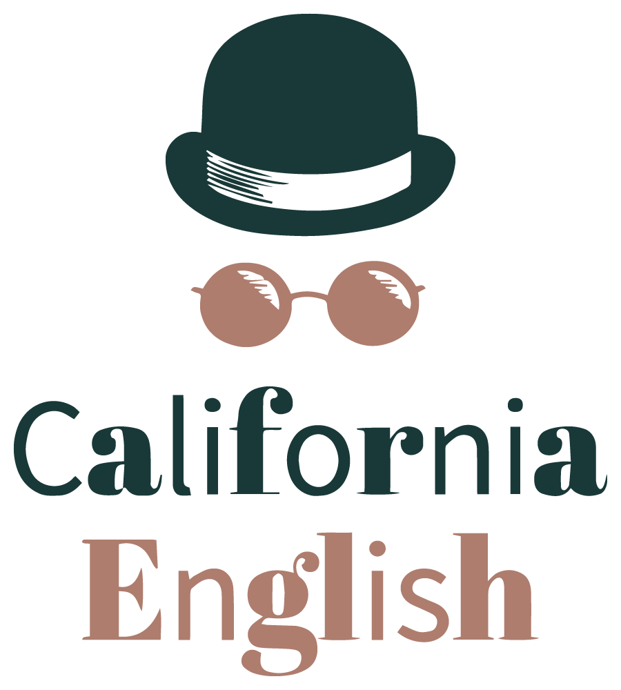 California English logo with a dark green bowler hat, pinkish round glasses, and teal/brown text.