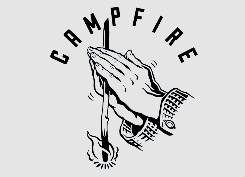 Praying hands clasped around a lit candle, with the word CAMPFIRE arched above in a bold font.