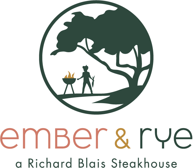 Logo for Ember & Rye Steakhouse with a circular emblem showing a person grilling under a tree and the brand name below.