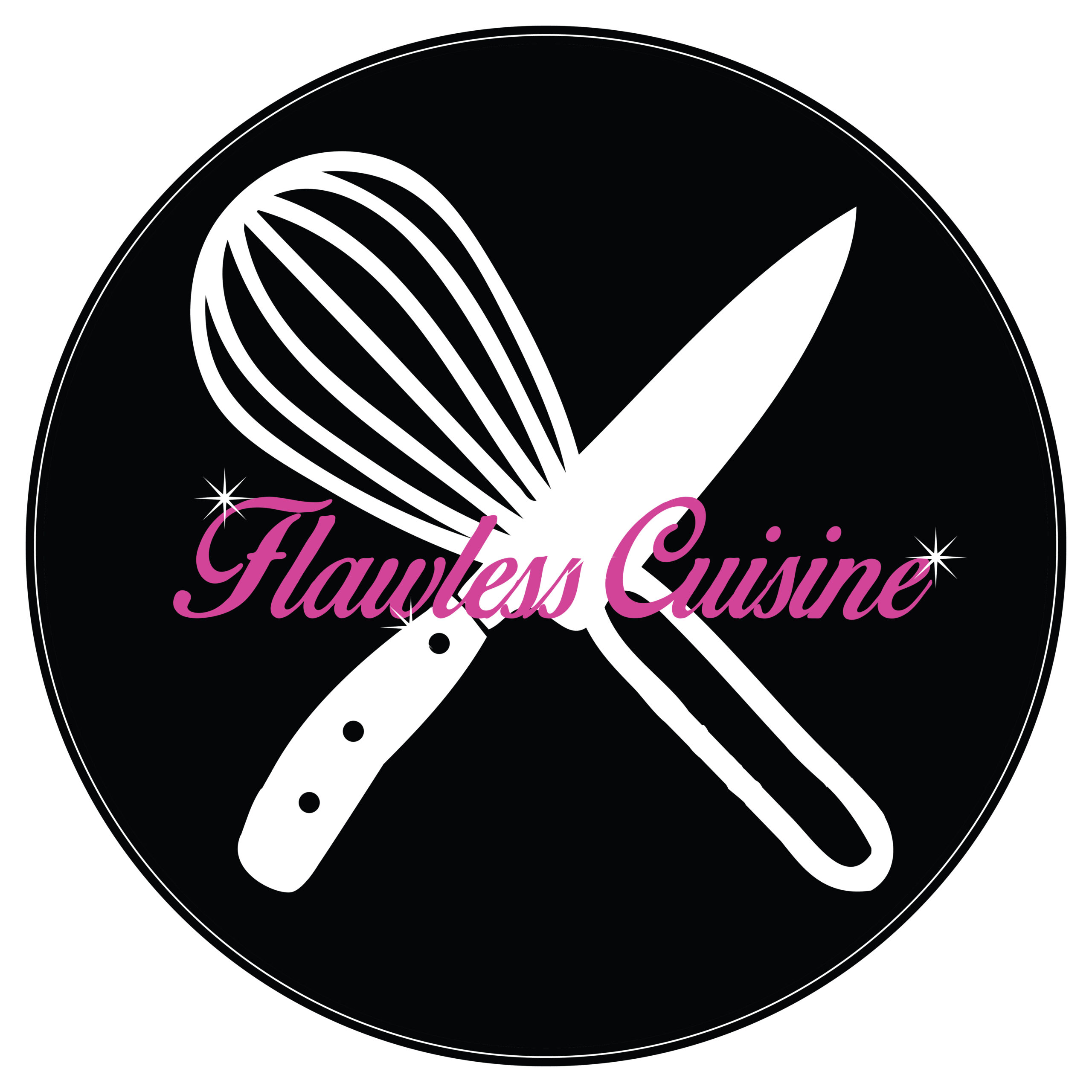 Logo for Flawless Cuisine: black circular badge with a white whisk and pink script text.