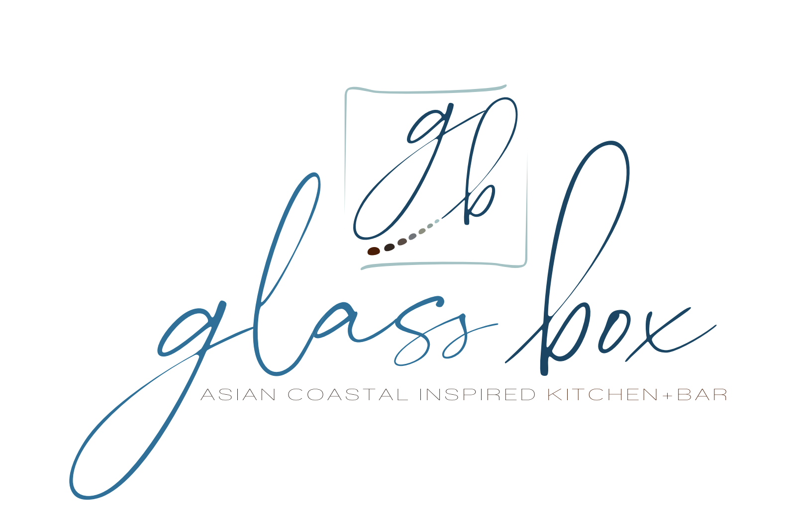 Glass Box logo for an Asian coastal inspired kitchen + bar, with teal cursive 'glass box' and a square framed 'gb' monogram inside.