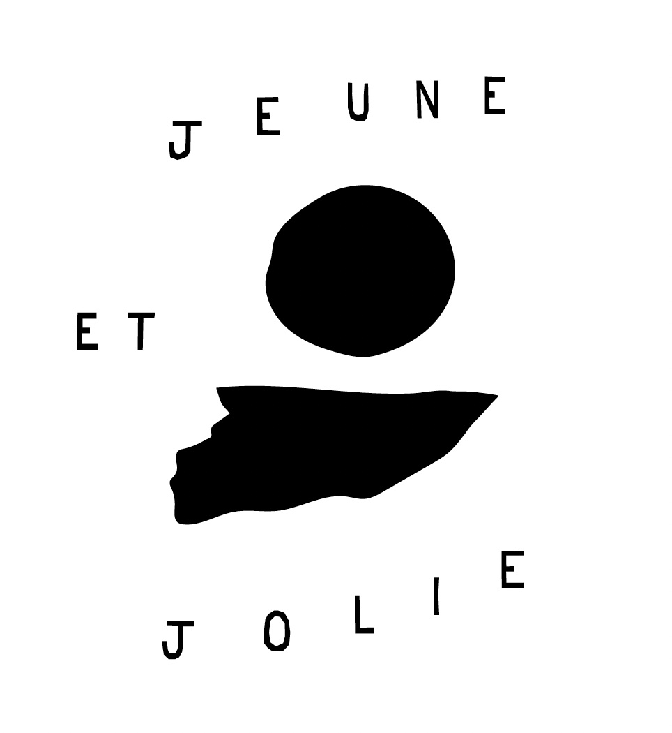 Logo for 'Jeune et Jolie' with a black circle above an abstract shape and the letters JEUNE ET JOLIE arranged around it.