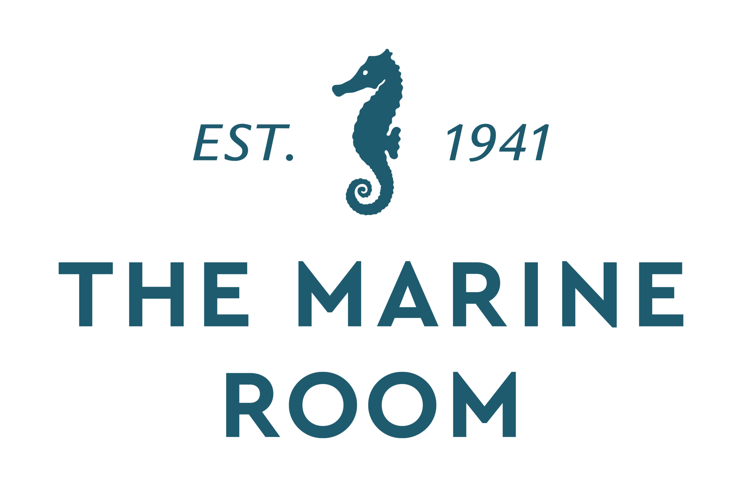 Teal seahorse logo between 'EST. 1941' and large 'THE MARINE ROOM' text.