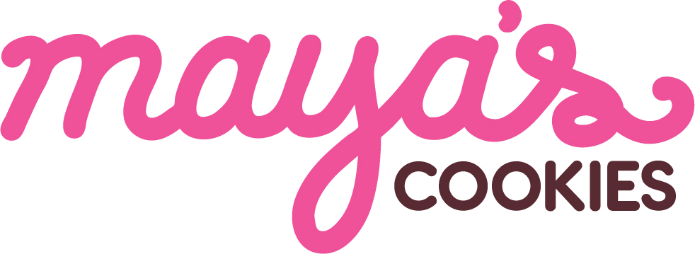 Brand logo for Maya's Cookies: pink cursive 'maya's' with dark brown 'COOKIES' text.