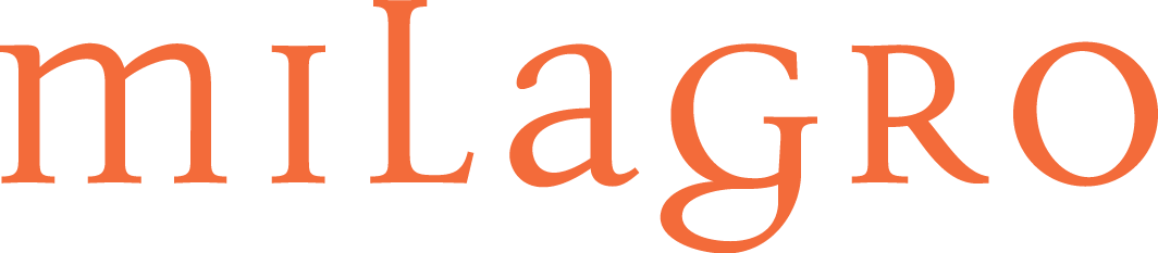 Milagro wordmark logo in orange serif font.