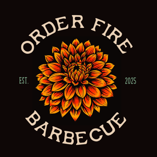 Circular logo for Order Fire Barbecue featuring an orange dahlia center and EST. 2025 on the sides.