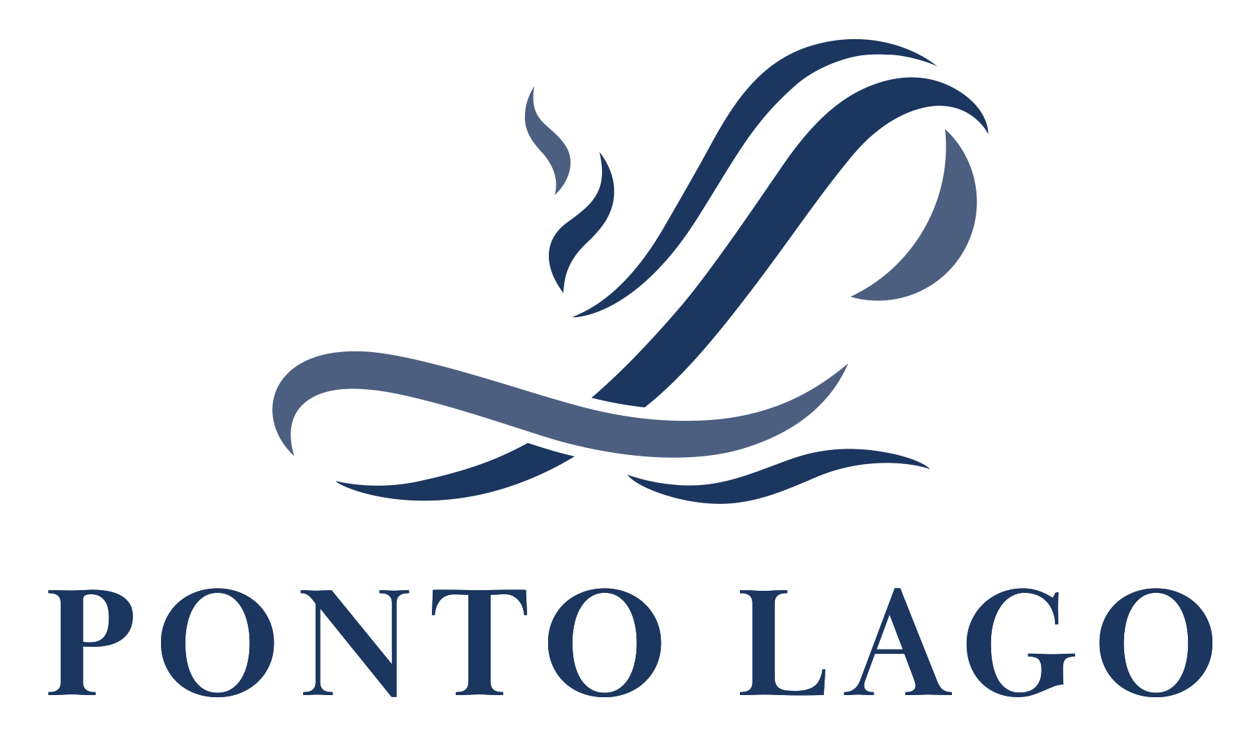 Logo: abstract blue wave motif above the navy wordmark 'PONTO LAGO' in uppercase serif font.