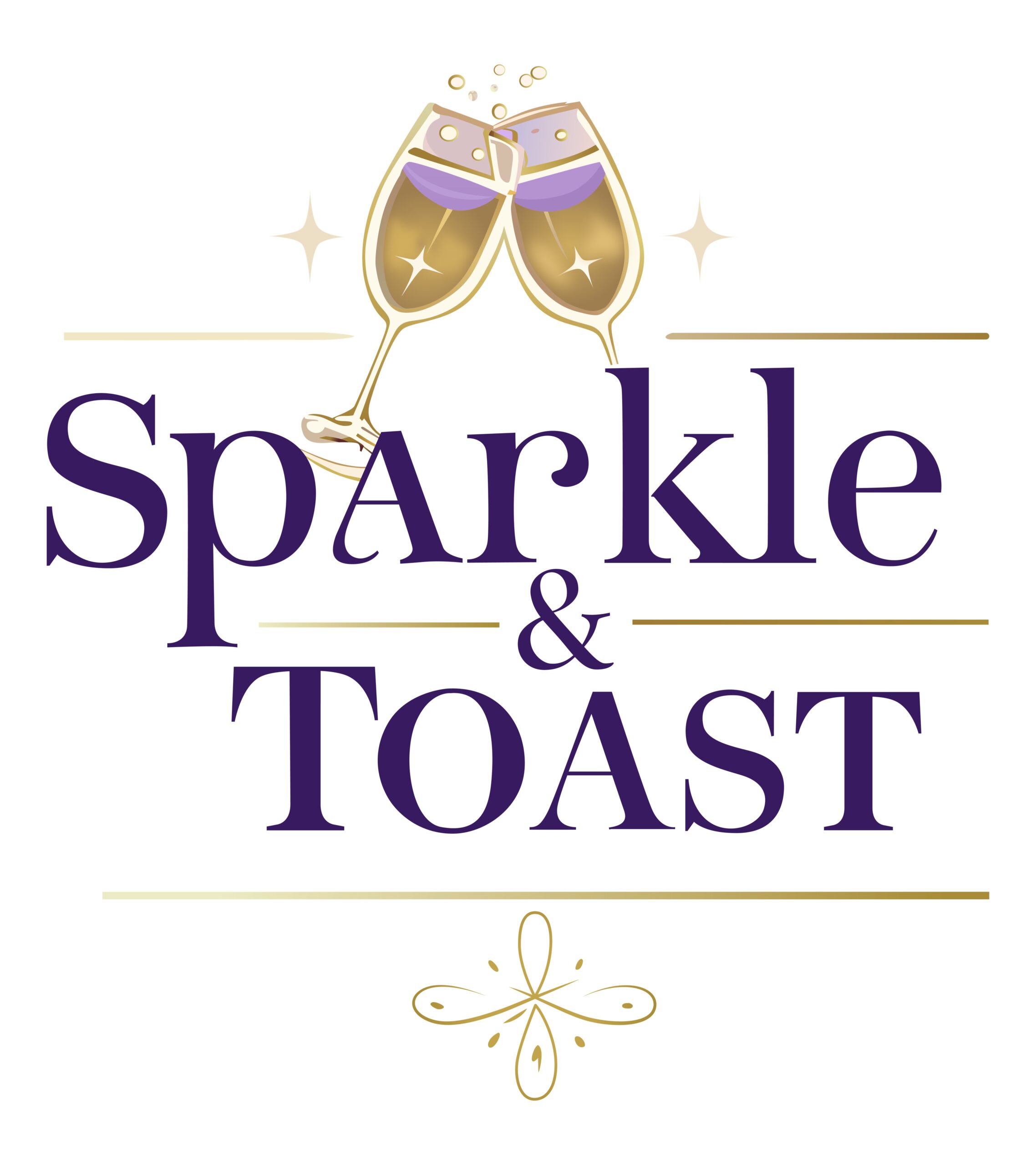 Logo showing two champagne flutes clinking, with gold sparkles, above the words Sparkle & Toast in deep purple.