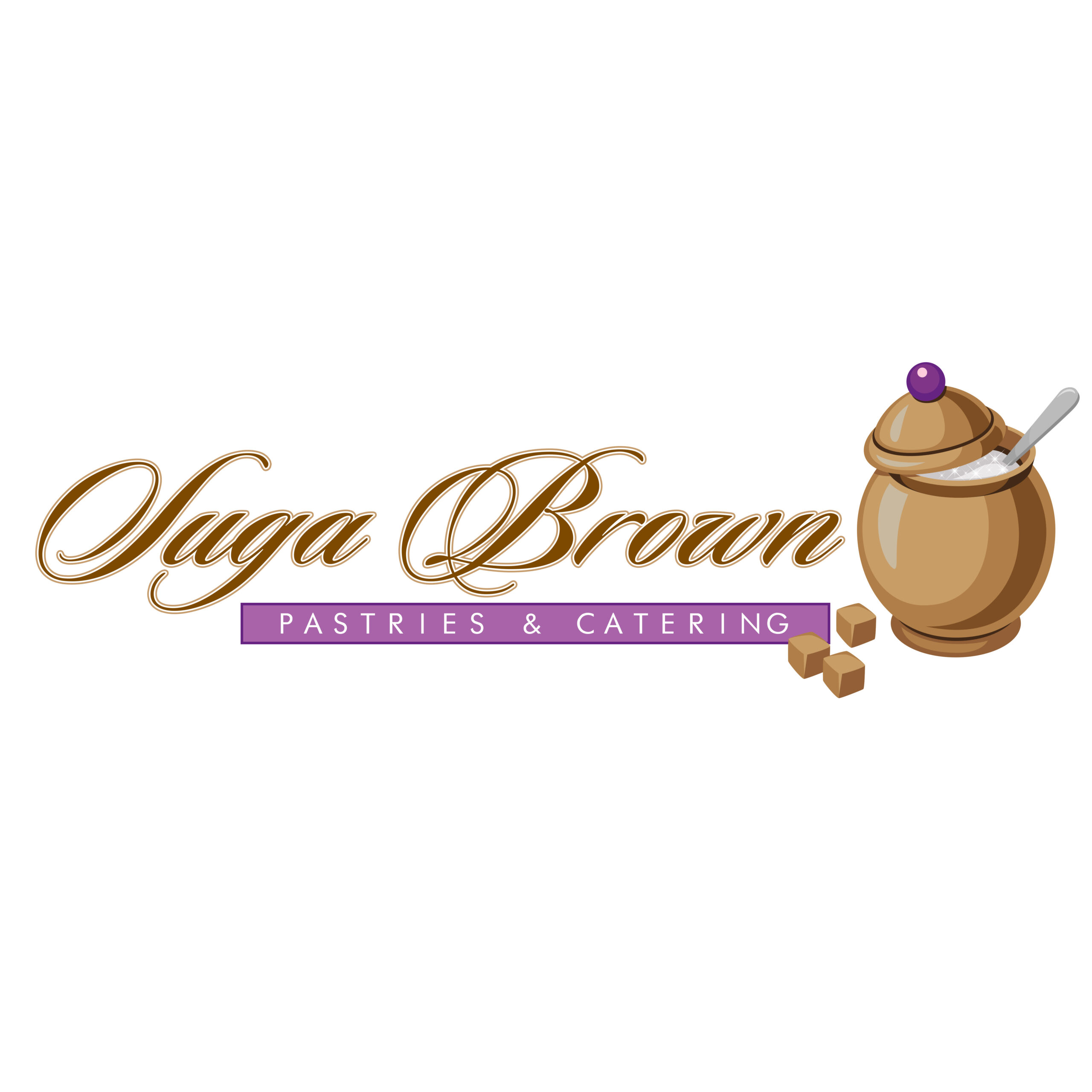 Decorative bakery logo with brown cursive text, a pastry illustration on the right, and a purple 'PASTRIES & CATERING' badge below.