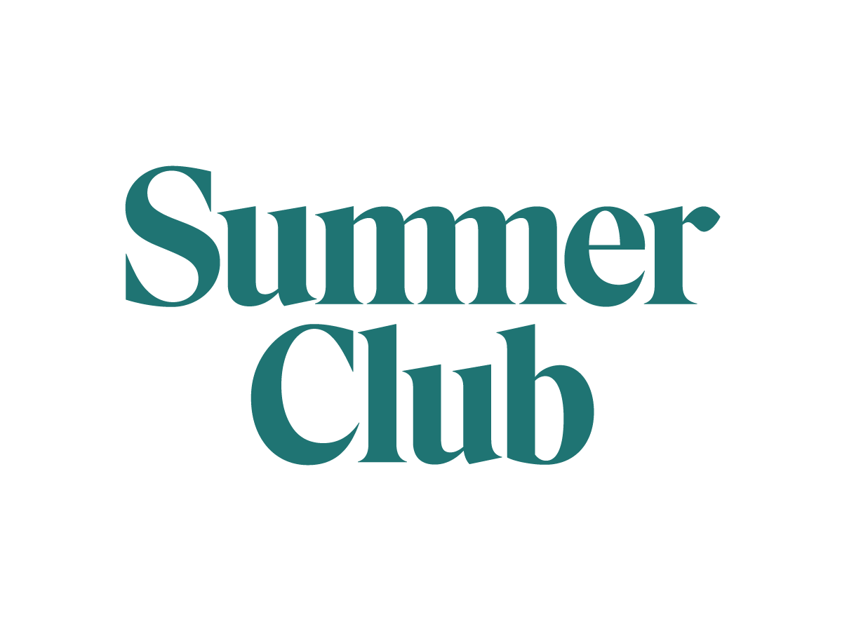 Summer Club logo in teal serif font on a black background, with the words stacked one above the other.
