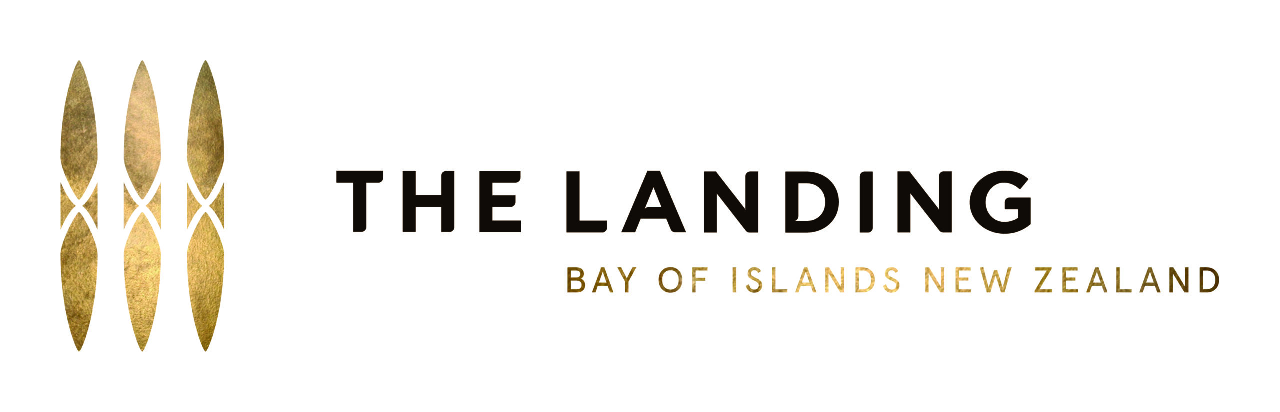 Logo for The Landing Bay of Islands New Zealand, featuring three vertical gold ovals on the left and bold black 'THE LANDING' text with a gold 'BAY OF ISLANDS NEW ZEALAND' tagline on white background.