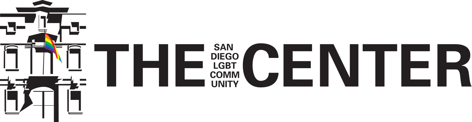 Logo for The Center: San Diego LGBT Community Center, with a black architectural motif on the left and a rainbow flag, and bold THE CENTER text on the right.