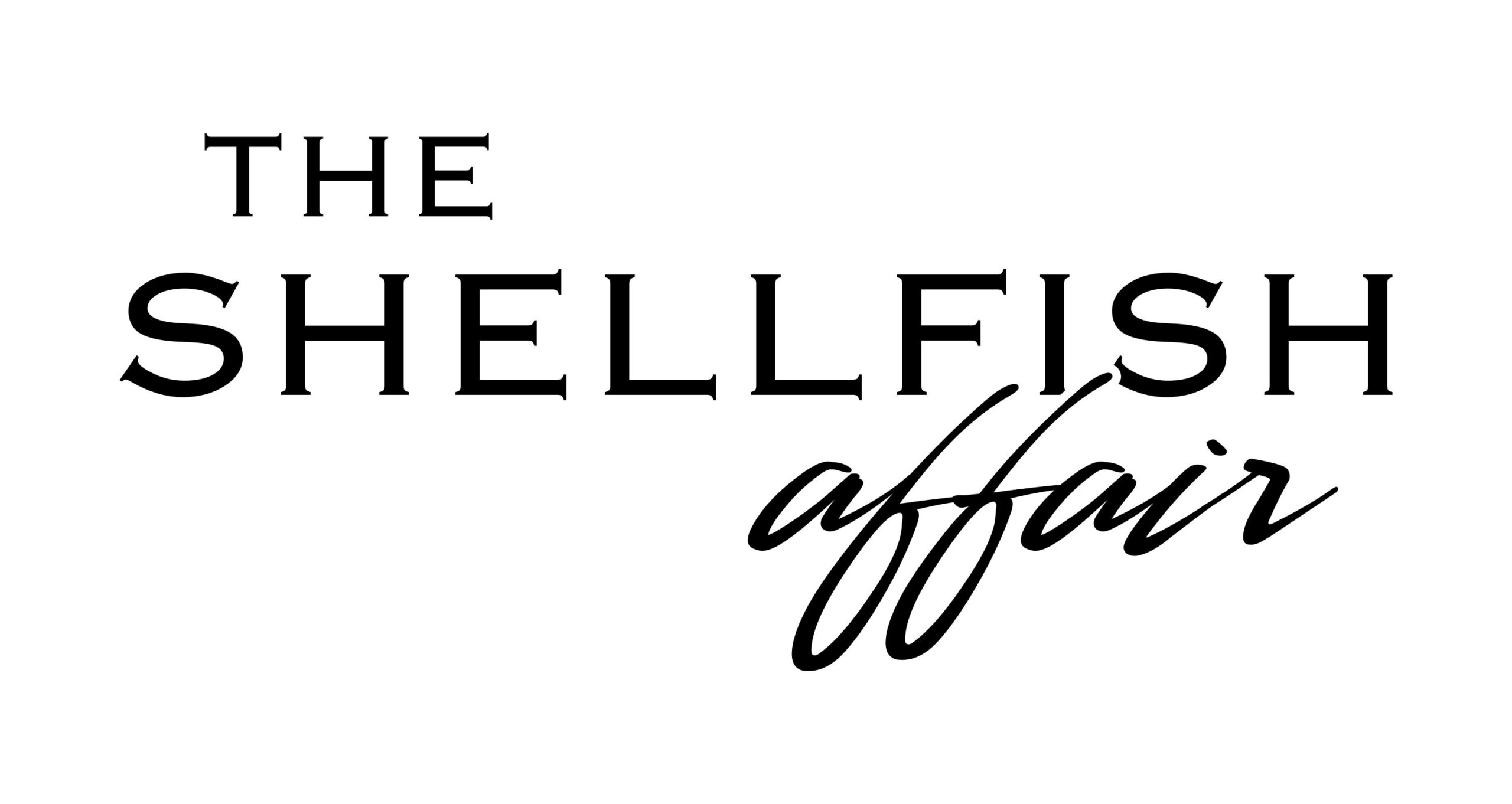 Logo for 'The Shelfish Affair' with bold serif text 'THE SHELFISH' and a flowing cursive 'affair'