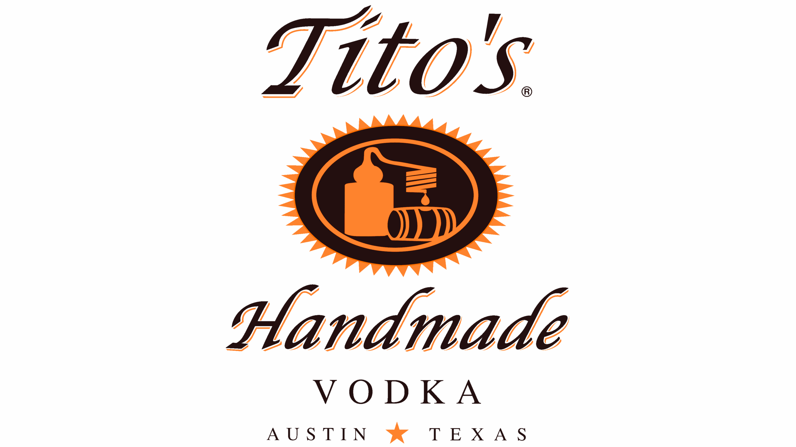 Tito's Handmade Vodka logo with an orange seal featuring a bottle and barrel, and brown script text above.