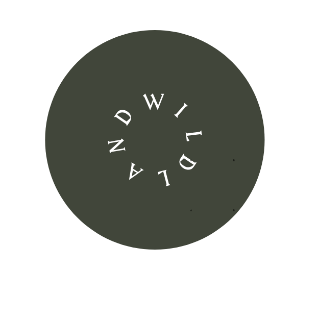 Dark olive circular logo featuring white letters arranged in a spiral pattern around the center.