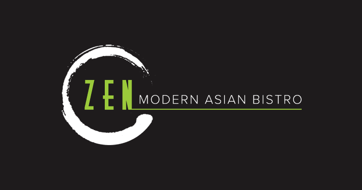 Logo for Zen Modern Asian Bistro: white circular brush stroke with lime green 'ZEN' on a dark background
