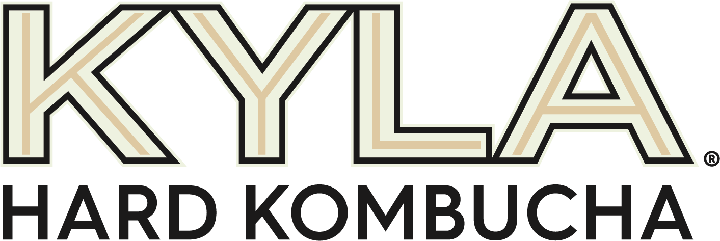 Kyla Hard Kombucha logo with beige-outlined letters and bold black text underneath
