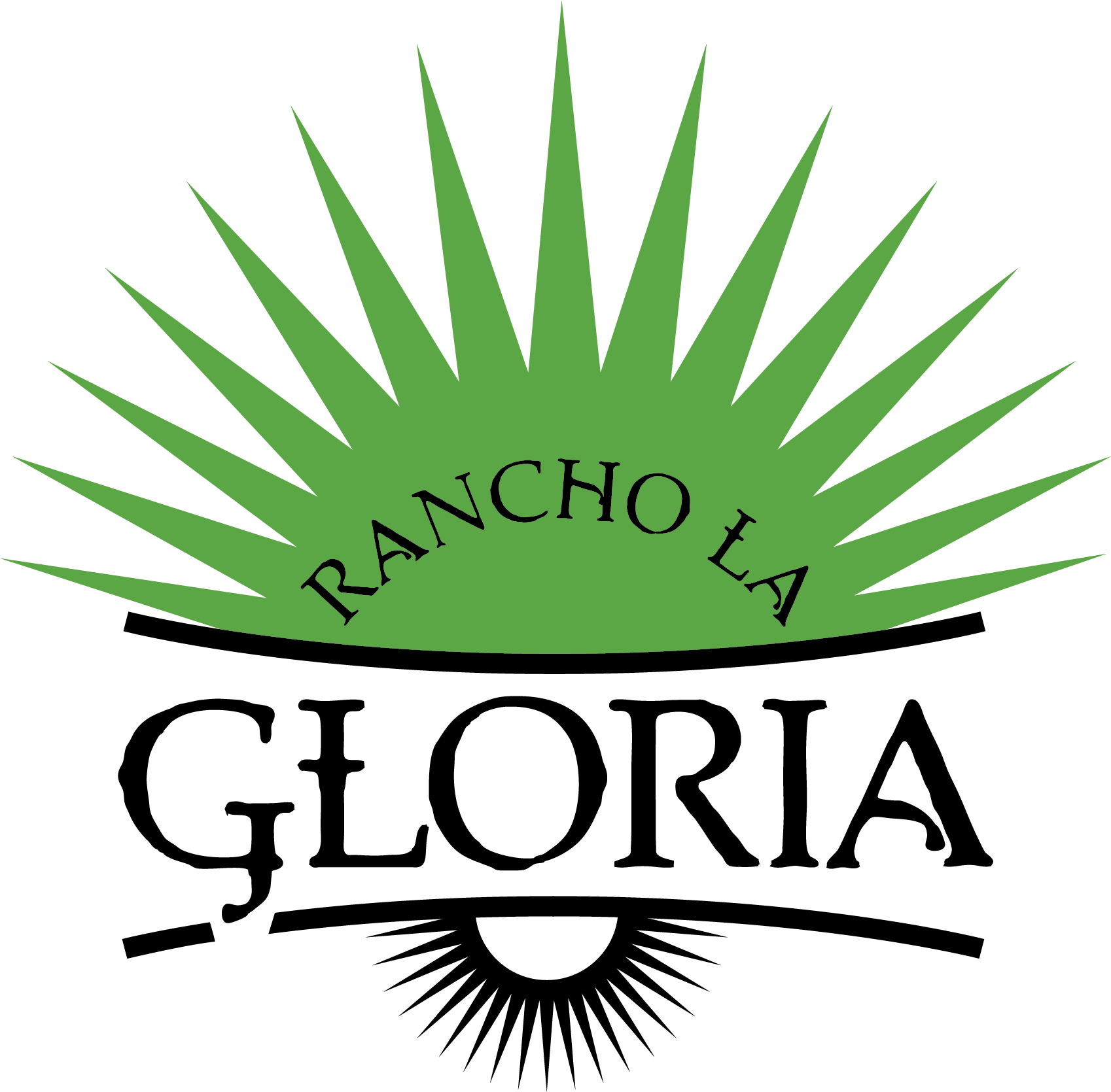 Logo for Rancho Gloria featuring a green sunburst emblem with bold, curved black text reading 'GLORIA' beneath it.