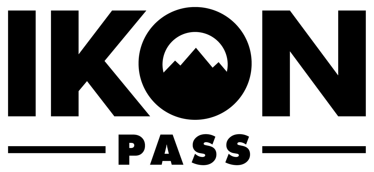 Ikon Pass logo: bold IKON with a mountain inside the O, and PASS below with horizontal lines on both sides.