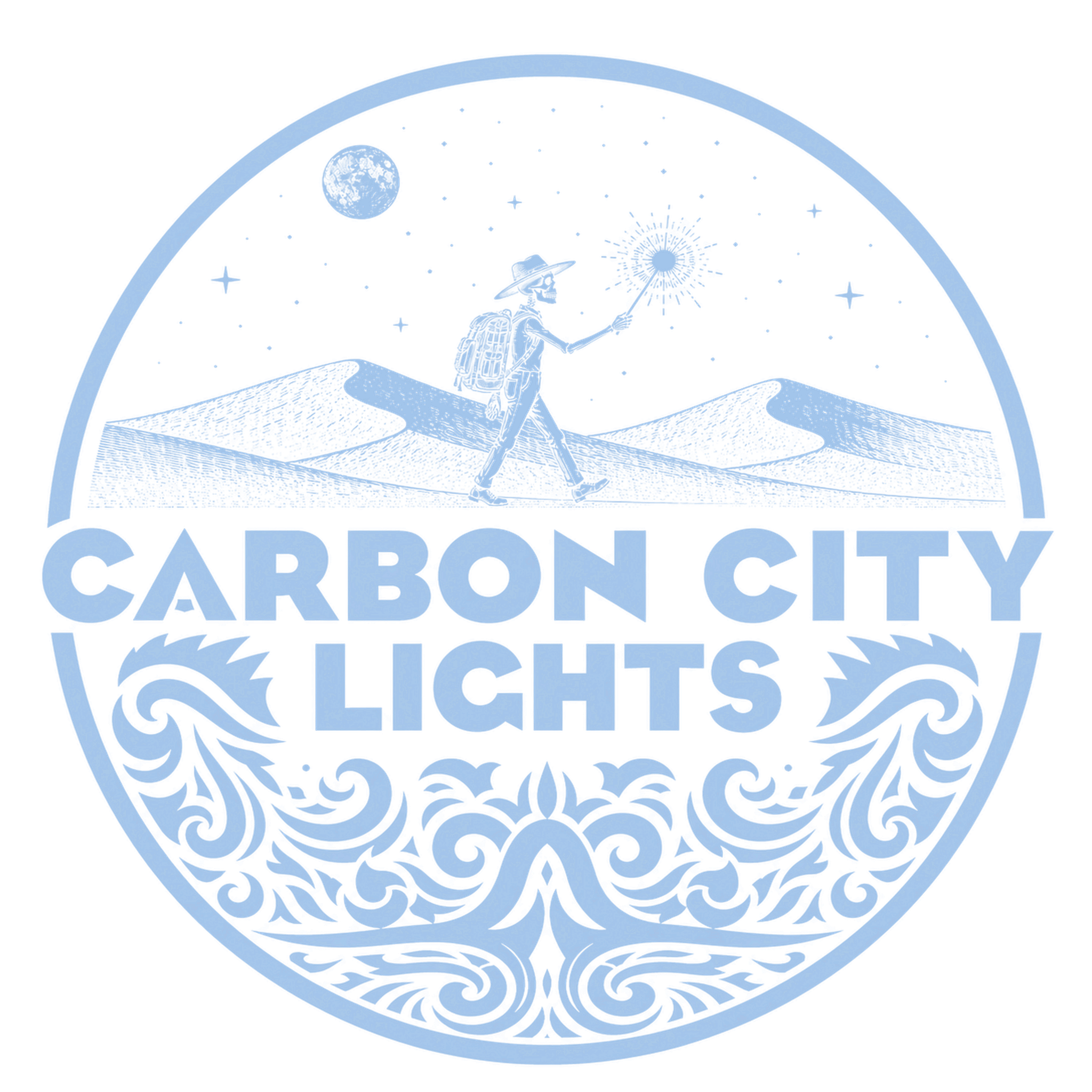 Logo for Carbon City Lights: circular emblem with a decorative border in light blue, featuring a person on a hill reaching toward stars and the text 'CARBON CITY LIGHTS' around the border.