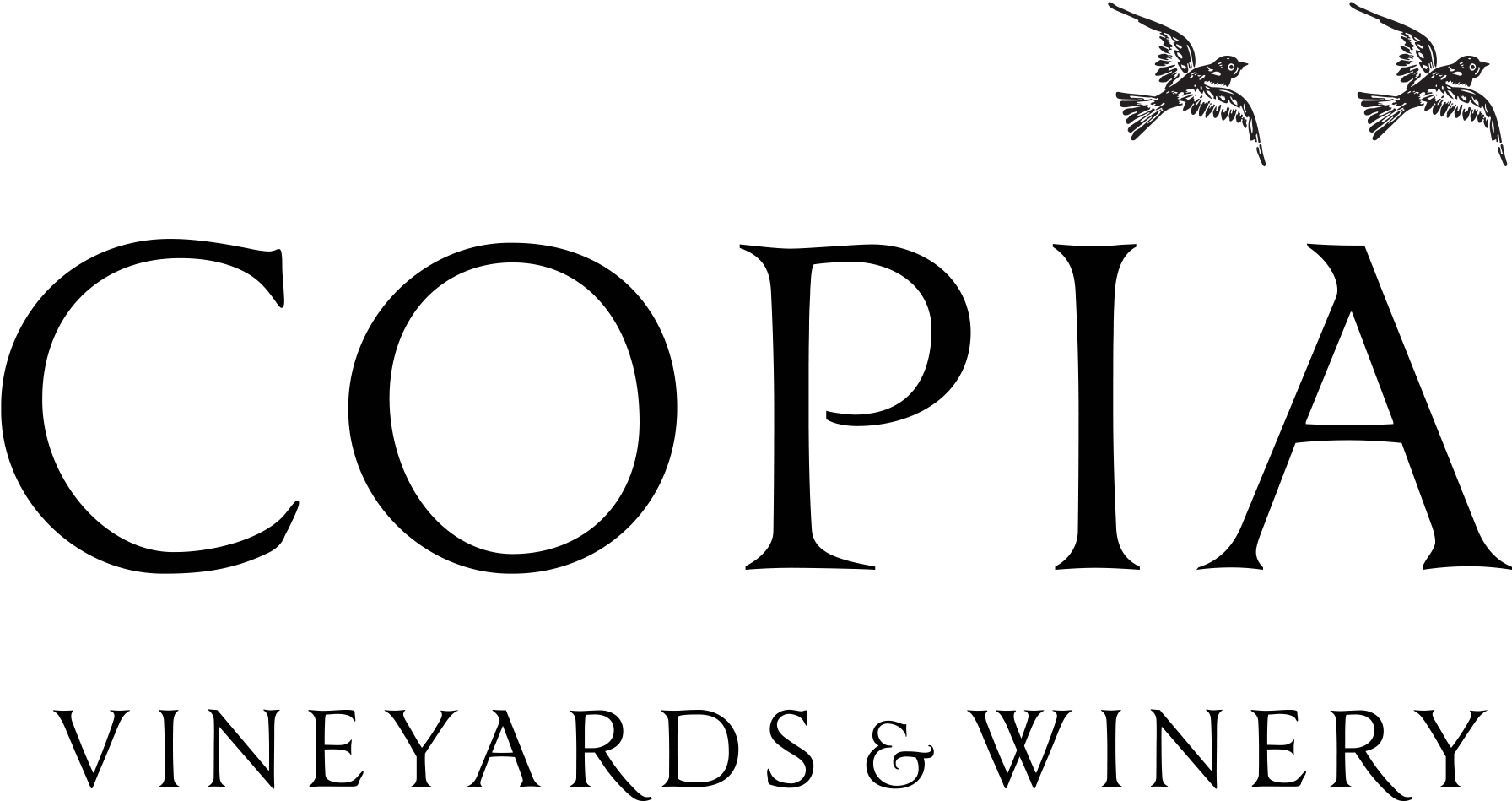 Copia logo: large COPIA text with 'VINEYARDS & WINERY' beneath and two small birds in the upper-right.
