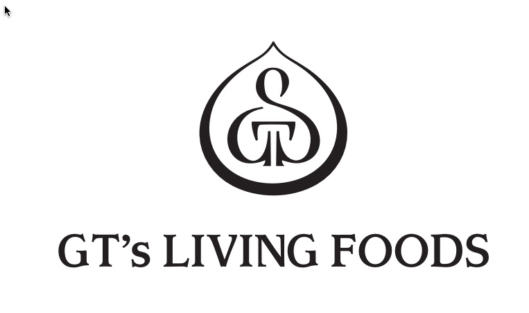 GT's Living Foods logo with a stylized black droplet emblem containing intertwined letters GT, above the brand name.