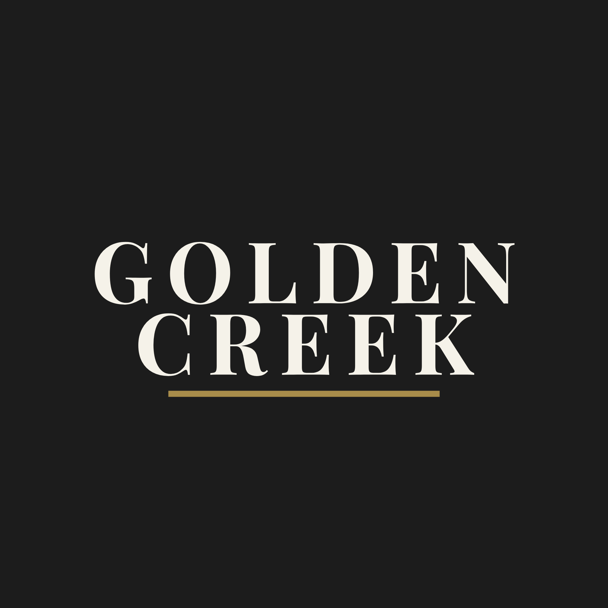 Large cream serif text spelling 'GOLDEN CREEK' on a black background, with a thin gold underline beneath the wordmark.