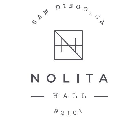 Nolita Hall logo: circular stamp reading San Diego, CA above; square emblem with diagonal line; NOLITA in bold; HALL with dash lines; 92101 at bottom.
