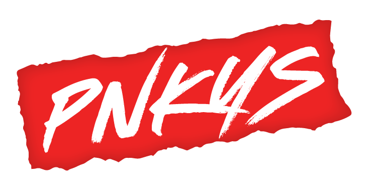 Stylized white logo reading 'PNK4S' on a jagged red torn-paper background.