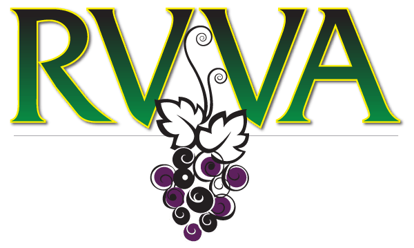 Logo/banner for RVWA with large green-to-yellow gradient letters and a decorative vine motif, plus a purple-and-white grape cluster at the center-bottom.