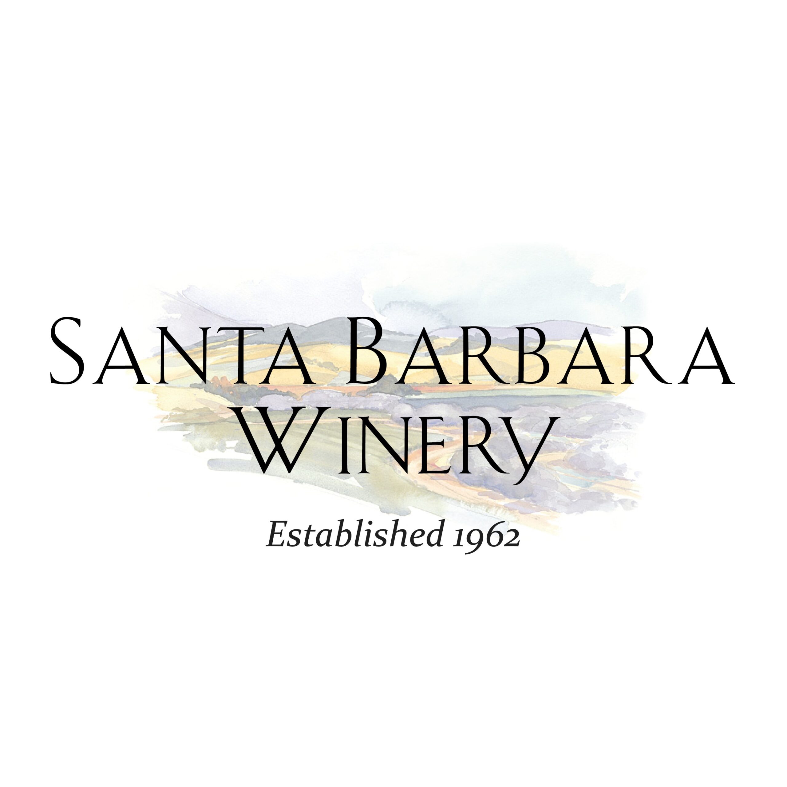 'Santa Barbara Winery' title over pastel watercolor hills with 'Established 1962' text in a banner image, used as a brand cover.