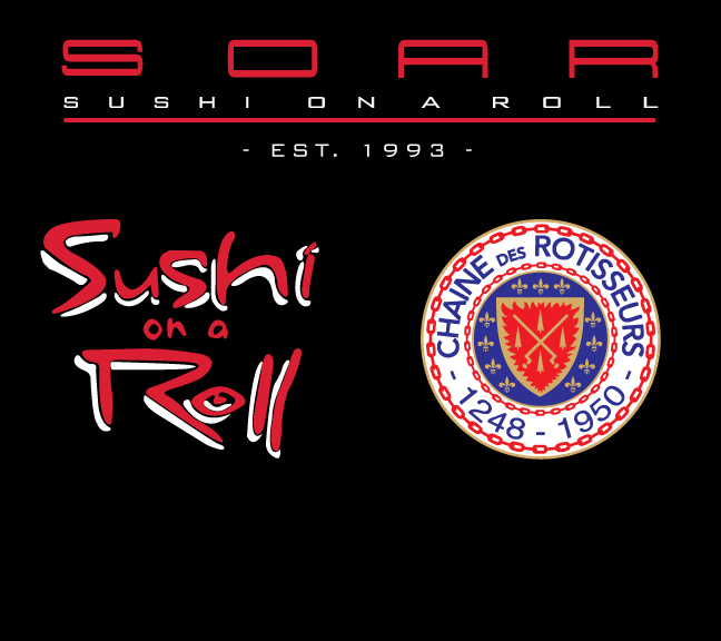 Brand collage: 'Sushi on a Roll' logo with a Chaîne des Rôtisseurs seal on a black background, EST. 1993.