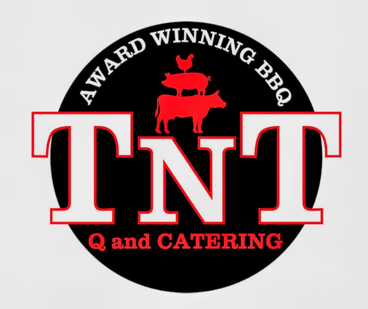 TNT Q and Catering logo: bold white letters with red outline on a black circle, red animal silhouettes (pig, cow, chicken) above, and 'Award Winning BBQ' text.