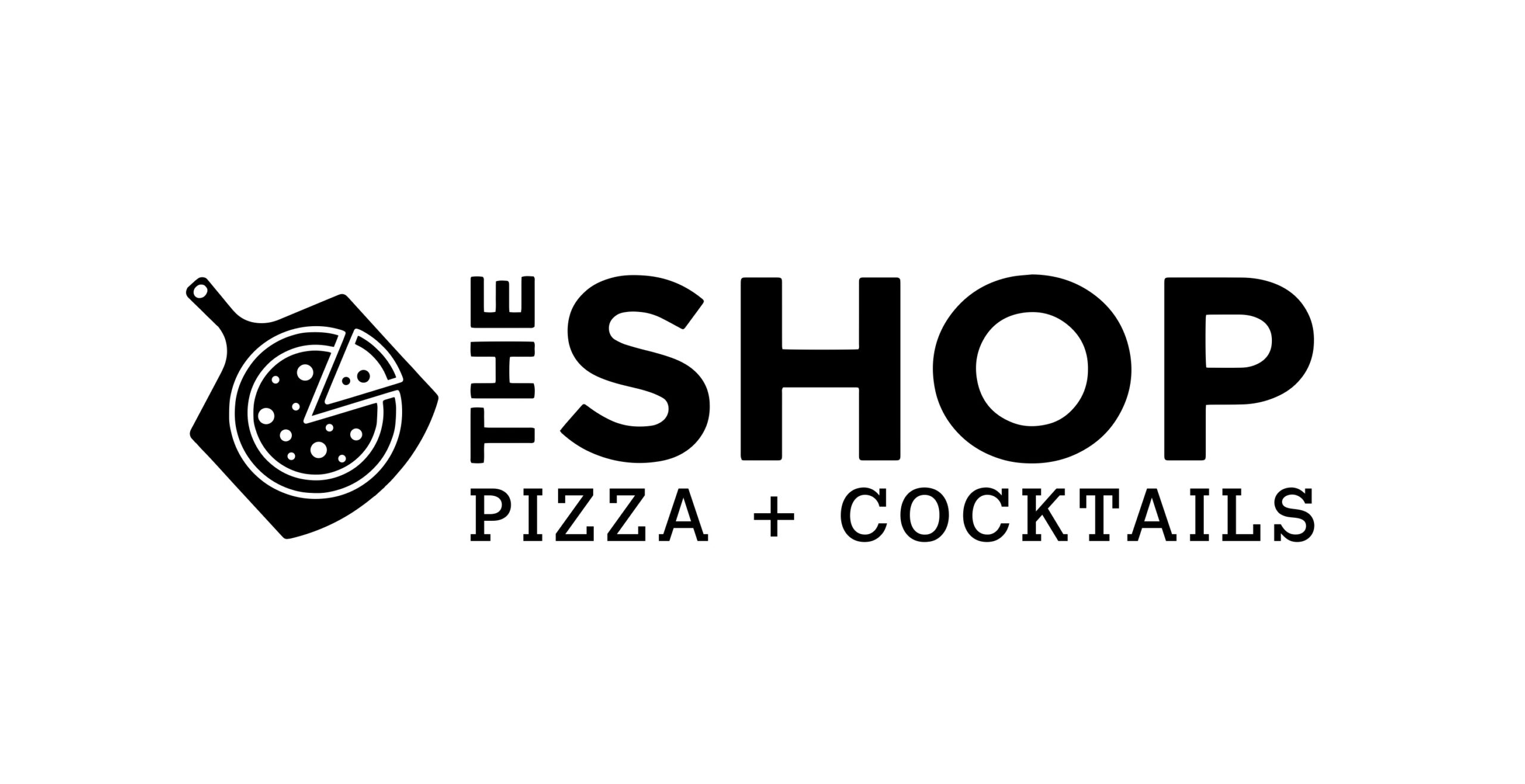 Brand logo for The Shop Pizza + Cocktails, featuring a pizza on a serving board icon to the left and bold typography reading 'THE SHOP' with the subtitle 'PIZZA + COCKTAILS' beneath.