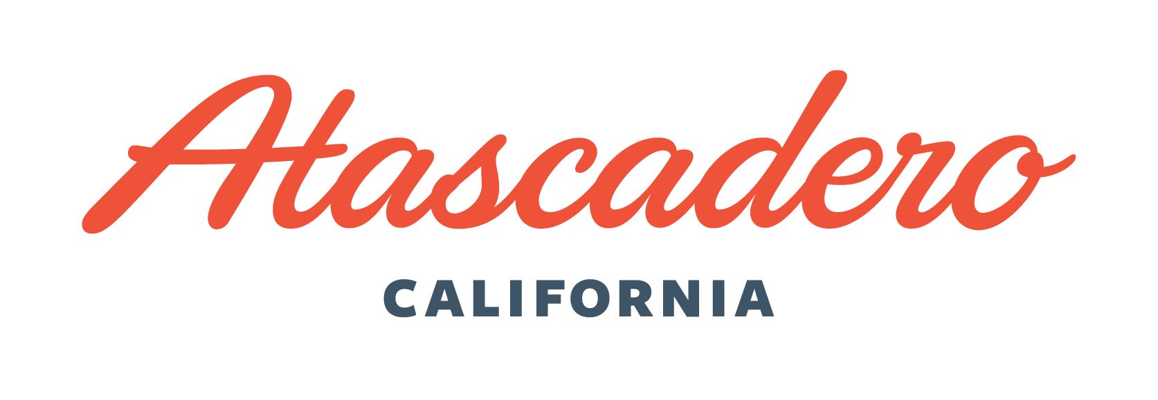 Logo for Atascadero California, with orange cursive 'Atascadero' and blue uppercase 'CALIFORNIA' beneath