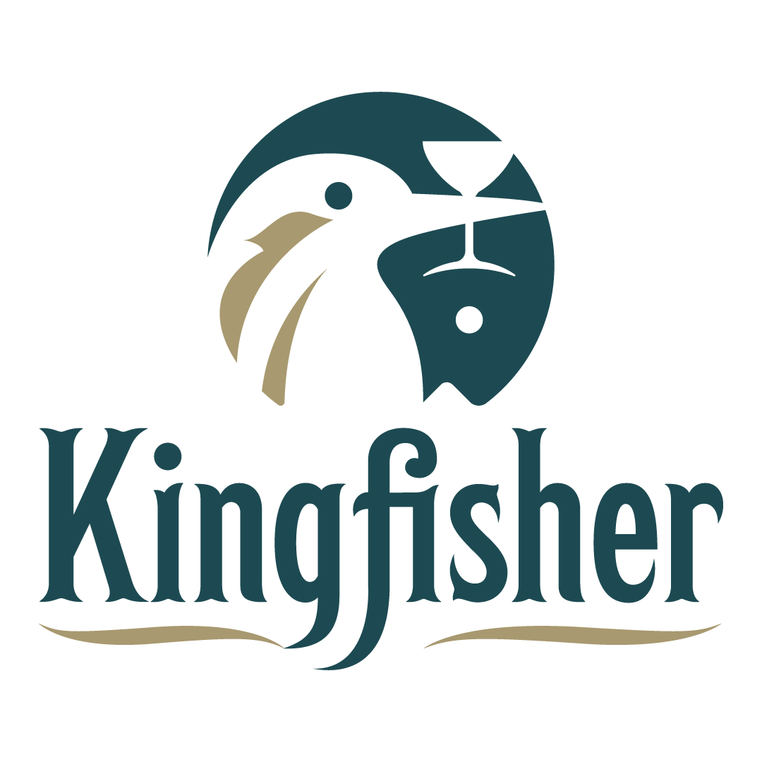 Kingfisher logo with a stylized teal kingfisher head inside a circle and a cocktail glass above the word 'Kingfisher' in a serif font.