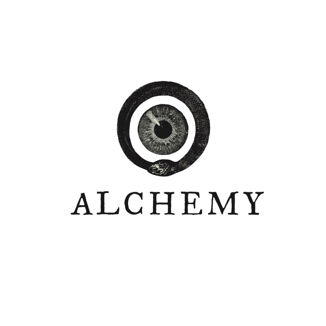 Logo featuring a stylized circular eye emblem above the word ALCHEMY on a black background.