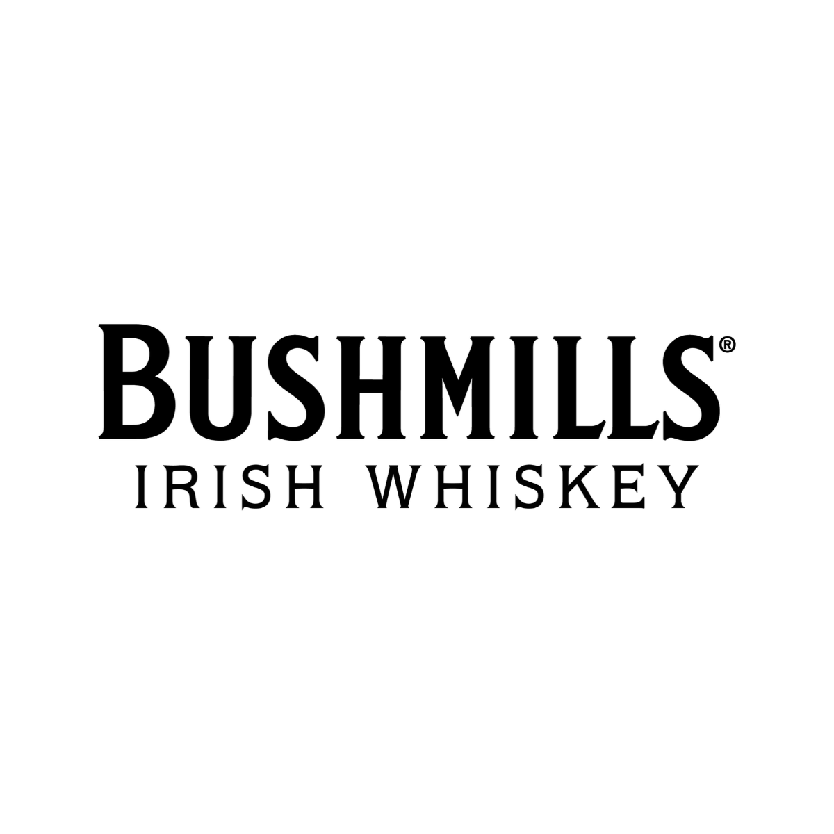 Bushmills Irish Whiskey logo with bold 'BUSHMILLS' and 'IRISH WHISKEY' subtitle on white background