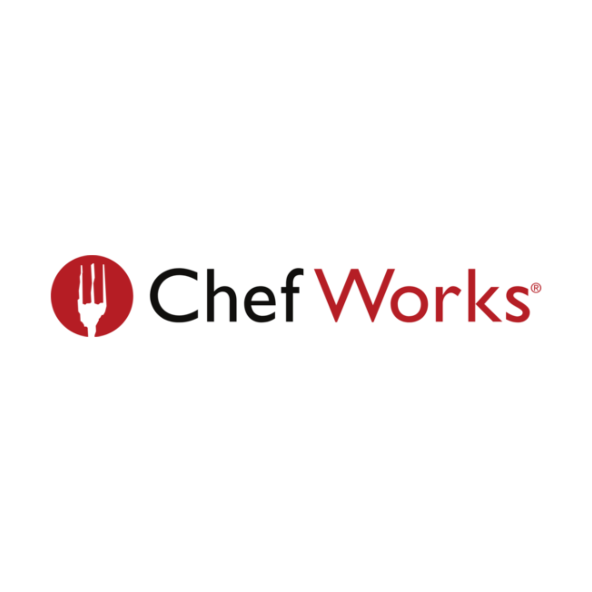 Chef Works logo: red circular icon with a white fork and the text 'ChefWorks' in black and red