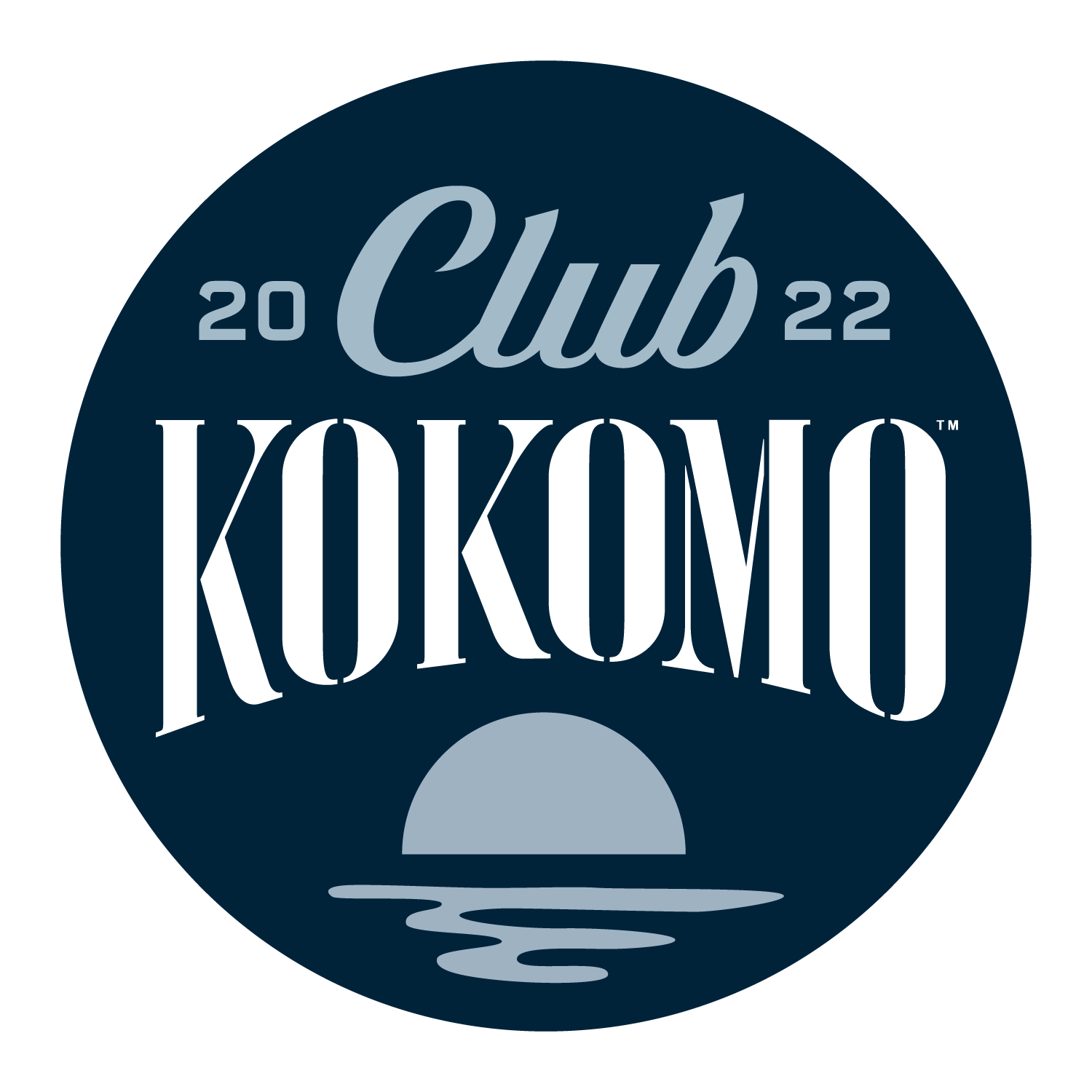 Club Kokomo 2022 logo: circular dark blue badge with moon and rippling water.
