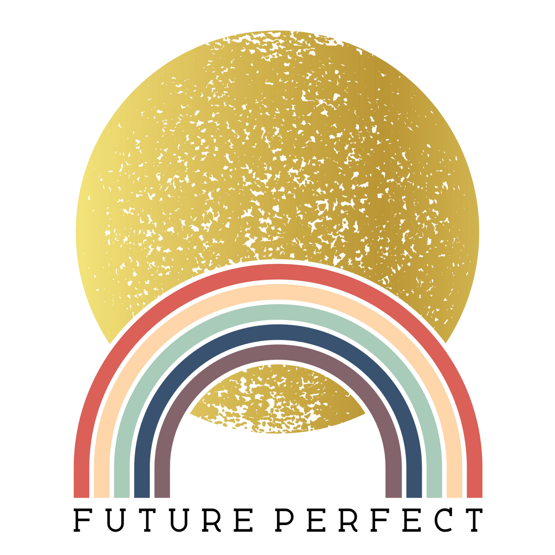 Logo featuring a gold semicircle with speckled texture and pastel rainbow arches above the text 'Future Perfect'.