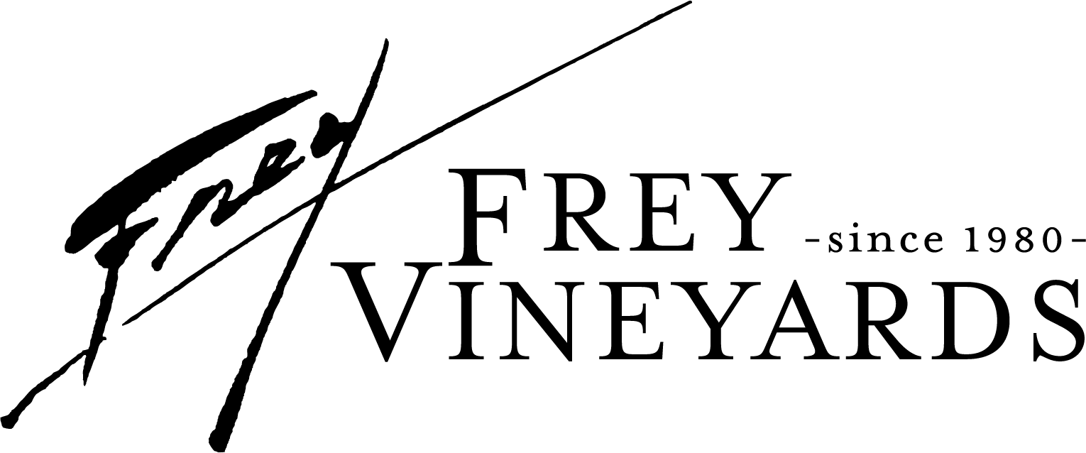 Frey Vineyards logo with a black handwritten 'Gray' script crossing a diagonal line and bold 'FREY VINEYARDS' text after it