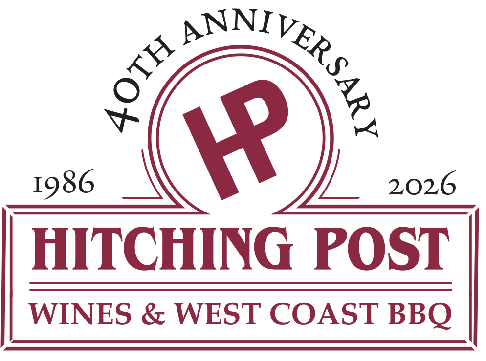 Hitching Post 40th Anniversary logo with maroon HP initials in a circle, 1986–2026, and 'WINES & WEST COAST BBQ' text below