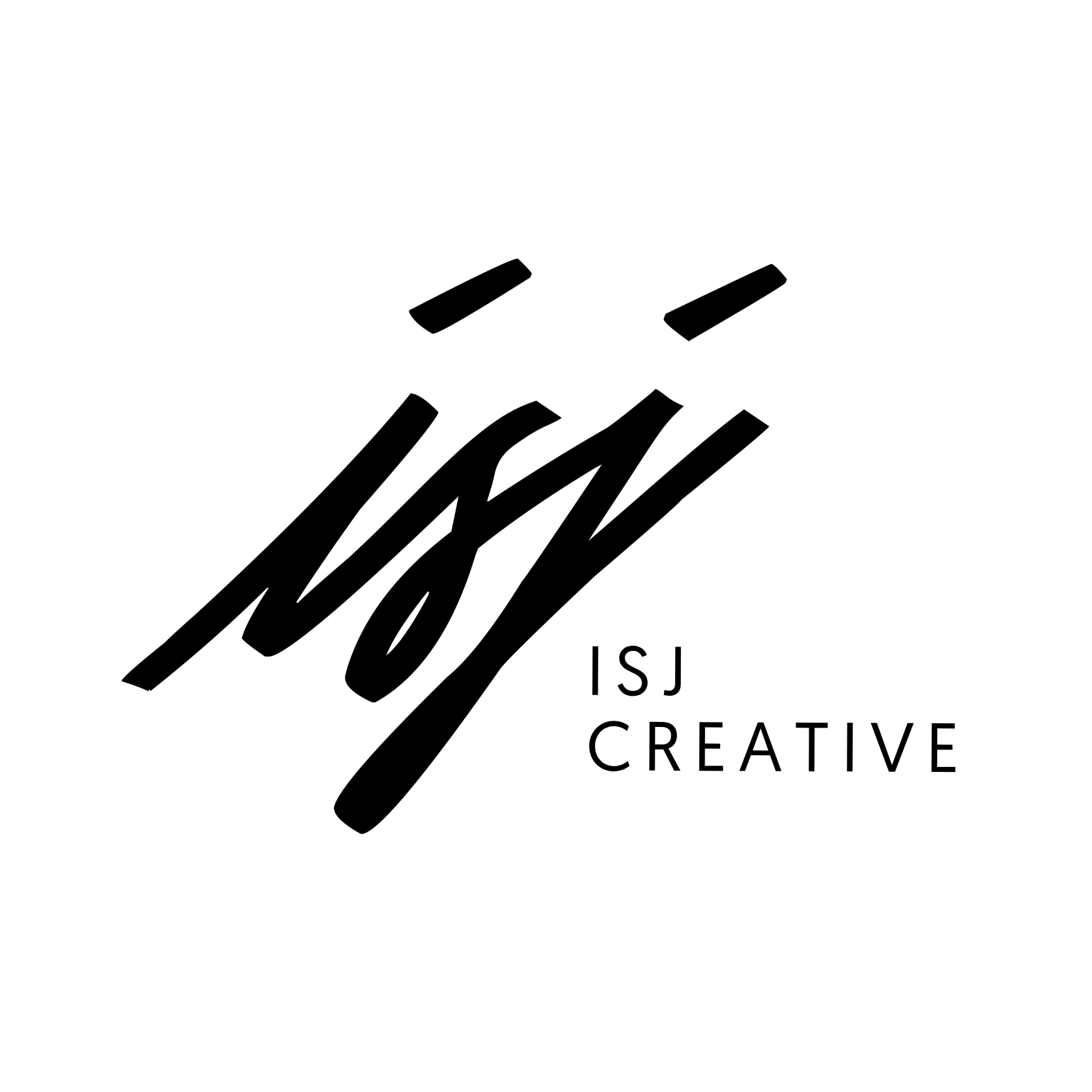 Diagonal black script logo across white background, reads 'ISJ CREATIVE' (brand mark).