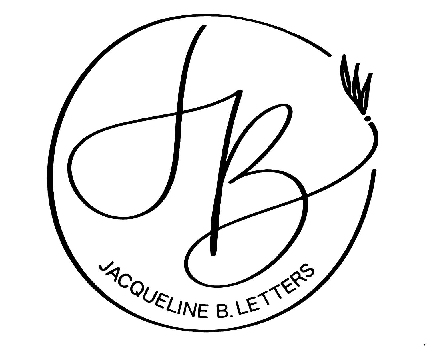 Circular logo for Jacqueline B. Letters featuring a stylized 'JB' monogram and a feather, with the full name around the edge
