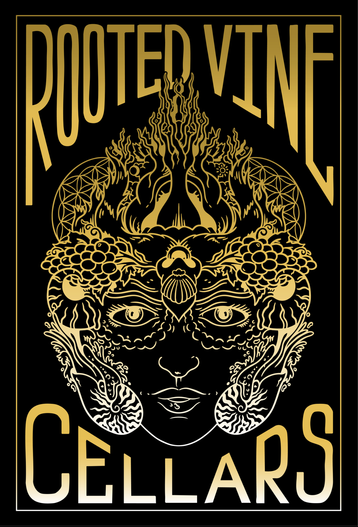 Logo for Rooted Vine Cellars: a gold ornate face with vines on a black background.