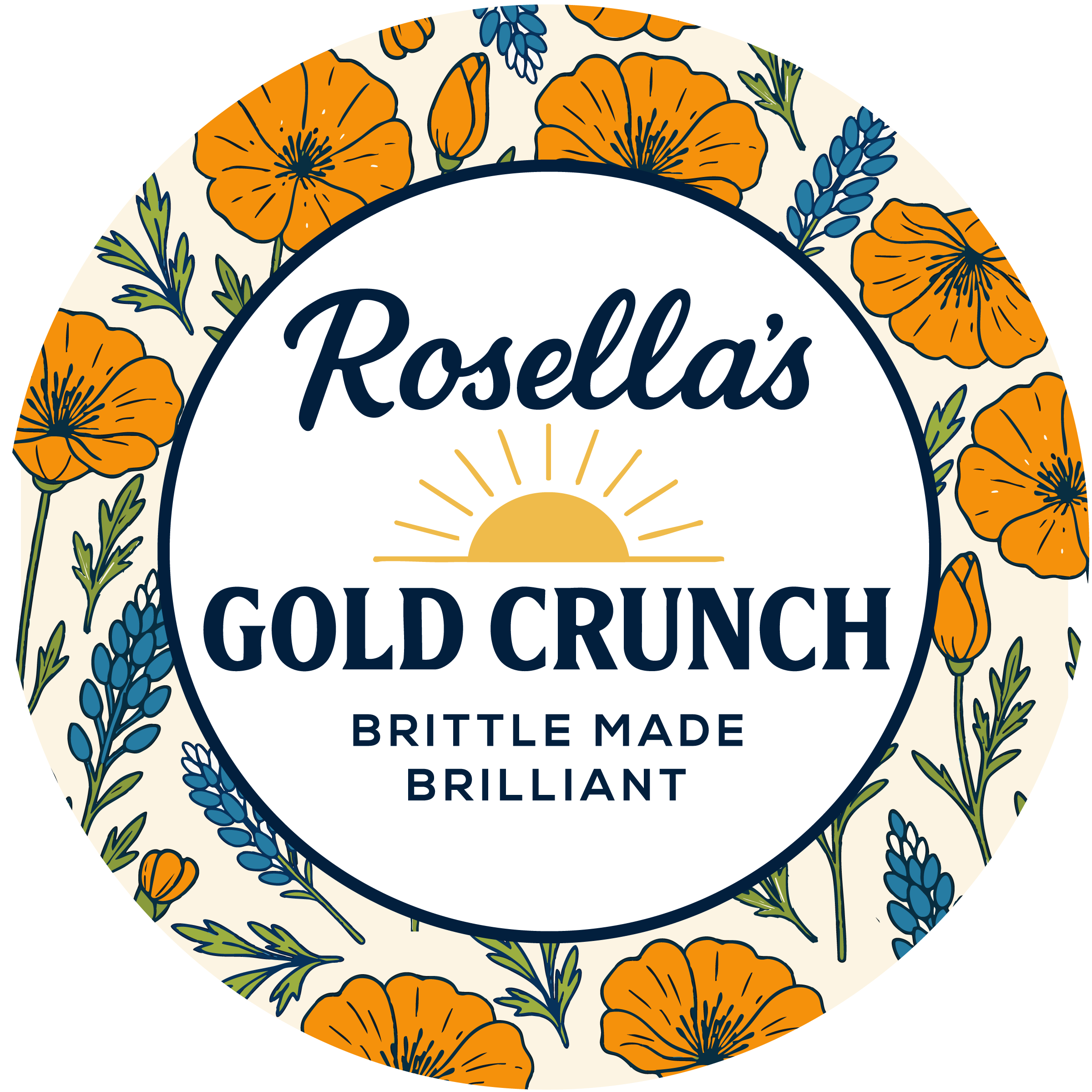 Circular product label for Rosella's Gold Crunch Brittle Made, with a sunrise graphic and an orange floral border.