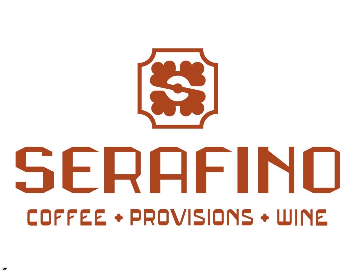 Serafino Coffee Provisions Wine logo with a decorative brown shield emblem and bold wordmark, and the tagline COFFEE • PROVISIONS • WINE.